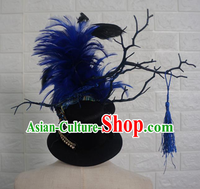 Top Grade Handmade Stage Show Blue Feather Hair Accessories Halloween Cosplay Top Hat Headwear for Kids