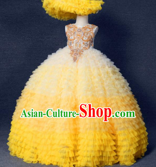 Top Grade Stage Show Costume Catwalks Princess Yellow Layered Full Dress for Kids