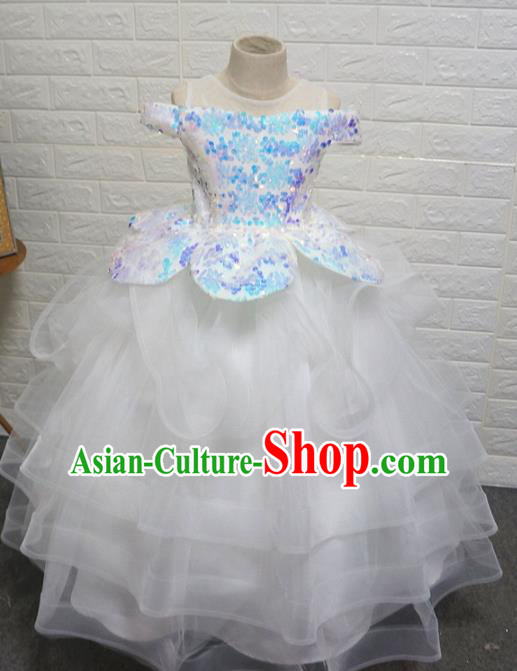 Top Grade Stage Show Dance White Veil Full Dress Catwalks Court Princess Costume for Kids