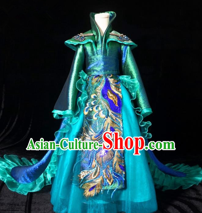 Top Grade Chinese Stage Show Costume Catwalks Dance Embroidered Green Trailing Full Dress for Kids