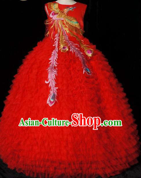 Top Grade Chinese Stage Show Costume Catwalks Dance Embroidered Red Full Dress for Kids