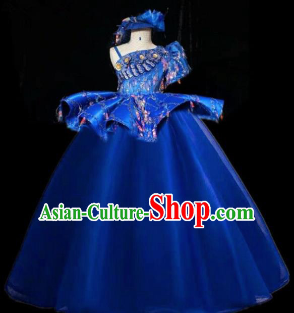 Top Grade Chinese Stage Show Costume Catwalks Dance Embroidered Royalblue Full Dress for Kids
