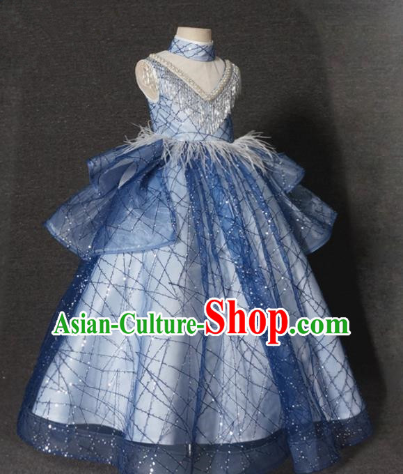 Top Grade Stage Show Dance Compere Blue Veil Full Dress Catwalks Court Princess Costume for Kids