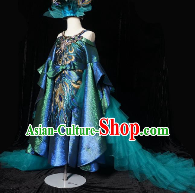 Top Grade Stage Show Dance Peacock Trailing Full Dress Catwalks Court Princess Costume for Kids