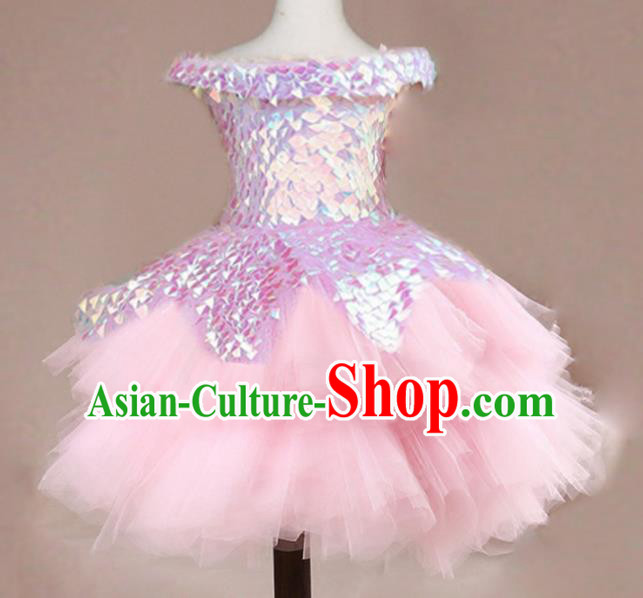 Top Grade Stage Show Dance Compere Pink Veil Bubble Full Dress Catwalks Court Princess Costume for Kids