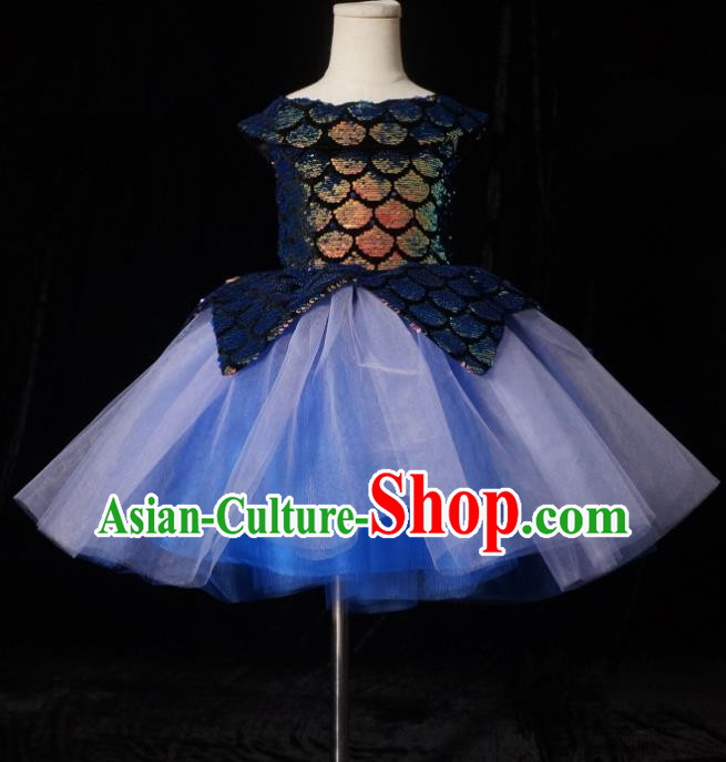 Top Grade Stage Show Dance Compere Blue Bubble Veil Full Dress Catwalks Court Princess Costume for Kids