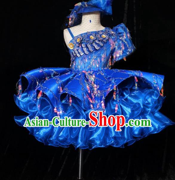 Top Grade Chinese Stage Show Costume Catwalks Dance Embroidered Blue Bubble Full Dress for Kids