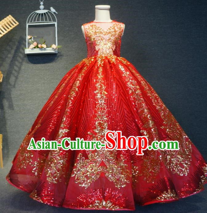 Top Grade Stage Show Dance Red Full Dress Catwalks Court Princess Costume for Kids