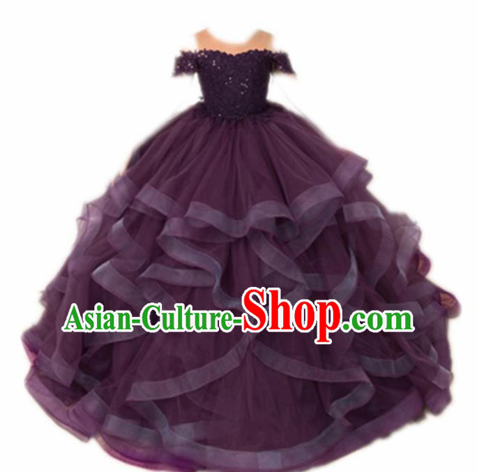 Top Grade Stage Show Compere Deep Purple Veil Dress Catwalks Court Princess Dance Costume for Kids