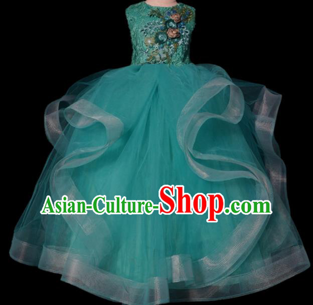 Top Grade Stage Show Compere Embroidered Green Veil Dress Catwalks Court Princess Dance Costume for Kids