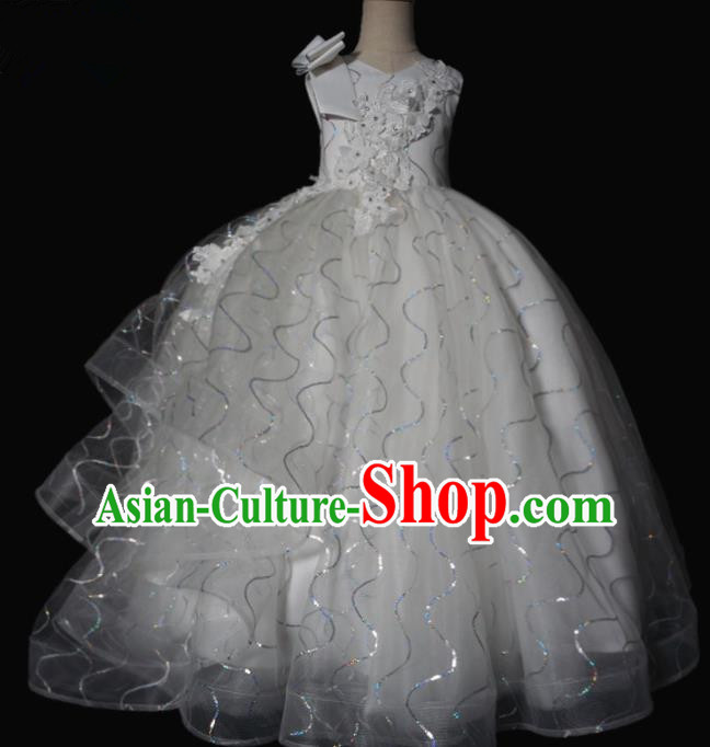 Top Grade Stage Show Compere White Veil Bubble Dress Catwalks Court Princess Dance Costume for Kids