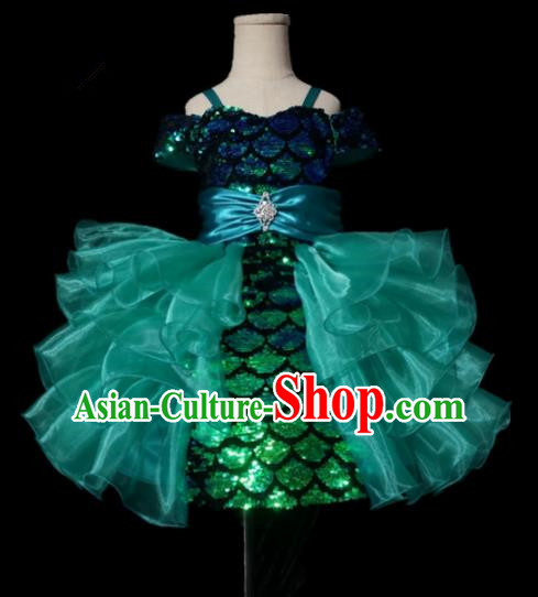 Top Grade Stage Show Compere Green Veil Bubble Dress Catwalks Court Princess Dance Costume for Kids