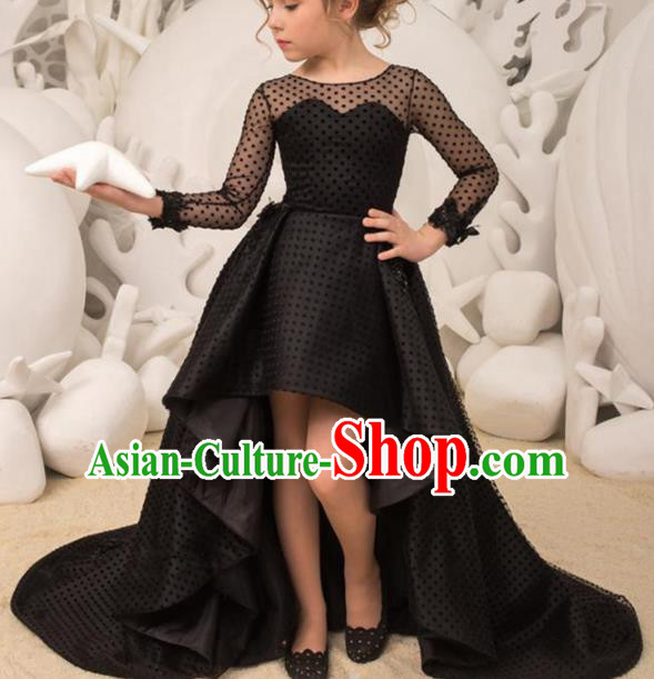 Top Grade Stage Show Compere Black Trailing Dress Catwalks Court Princess Dance Costume for Kids