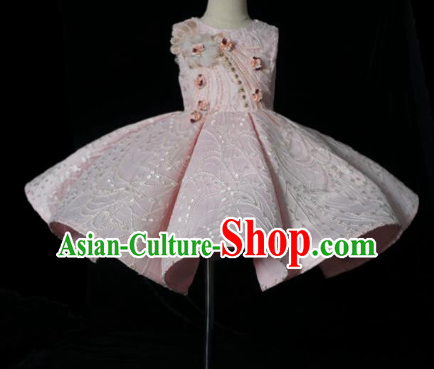 Top Grade Modern Fancywork Compere Pink Bubble Dress Catwalks Court Princess Stage Show Dance Costume for Kids