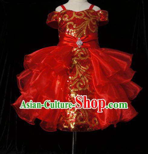 Top Grade Modern Fancywork Compere Red Short Dress Catwalks Court Princess Stage Show Dance Costume for Kids