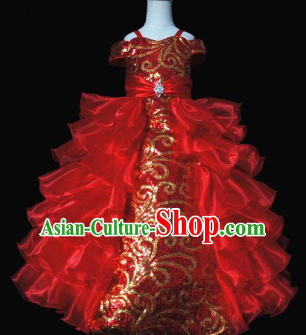 Top Grade Modern Fancywork Compere Red Long Dress Catwalks Court Princess Stage Show Dance Costume for Kids