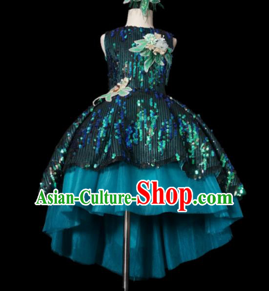 Top Grade Modern Fancywork Compere Green Paillette Dress Catwalks Court Princess Stage Show Dance Costume for Kids