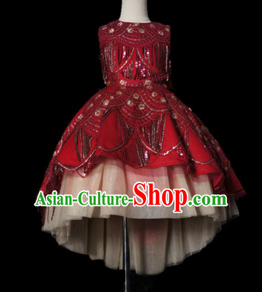 Top Grade Modern Fancywork Compere Red Paillette Dress Catwalks Court Princess Stage Show Dance Costume for Kids