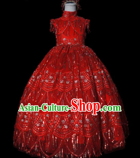 Top Grade Chinese Stage Show Costume Catwalks Dance Embroidered Red Full Dress for Kids