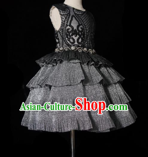 Top Grade Modern Fancywork Compere Grey Bubble Dress Catwalks Court Princess Stage Show Dance Costume for Kids