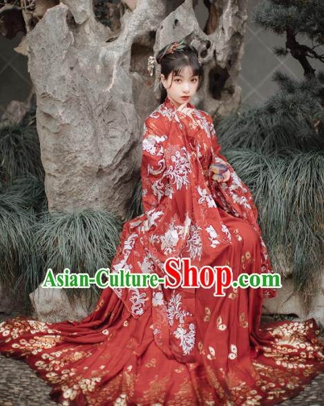 Traditional Chinese Tang Dynasty Court Princess Wedding Historical Costume Traditional Ancient Peri Goddess Red Hanfu Dress for Women