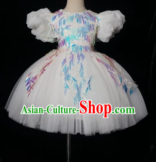 Top Grade Modern Fancywork Compere White Short Dress Catwalks Court Princess Stage Show Dance Costume for Kids