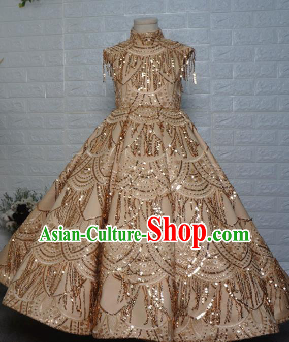 Top Grade Chinese Stage Show Costume Catwalks Dance Embroidered Golden Full Dress for Kids