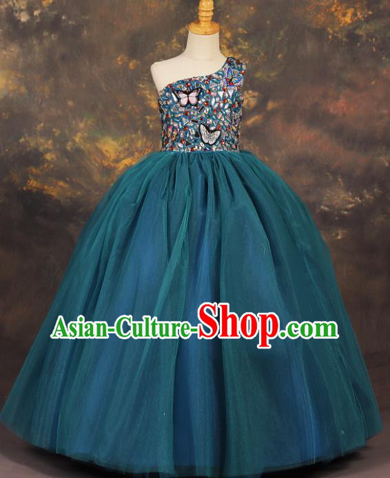 Professional Catwalks Stage Show Peacock Blue Dress Modern Fancywork Compere Court Princess Dance Costume for Kids