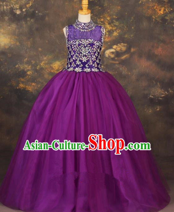 Professional Catwalks Stage Show Purple Dress Modern Fancywork Compere Court Princess Dance Costume for Kids