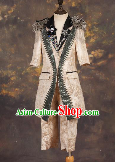 Professional Boys Catwalks Golden Suits Stage Show Clothing Modern Fancywork Compere Costume for Kids