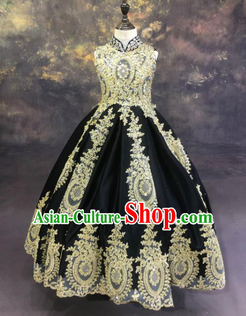 Professional Catwalks Stage Show Black Dress Modern Fancywork Compere Court Princess Dance Costume for Kids