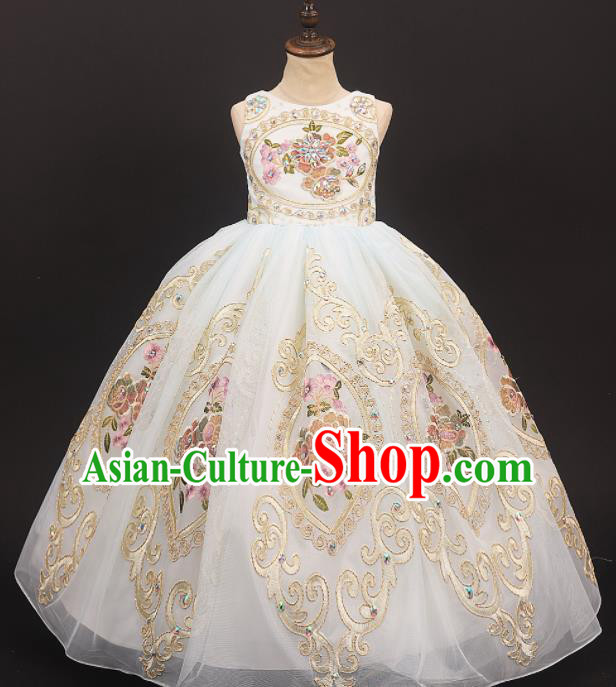 Professional Catwalks Stage Show Waltz Dance Embroidered Dress Modern Fancywork Compere Court Princess Costume for Kids