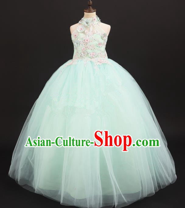 Professional Catwalks Stage Show Waltz Dance Green Veil Dress Modern Fancywork Compere Court Princess Costume for Kids