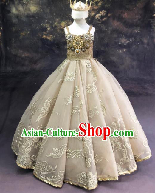 Professional Catwalks Stage Show Champagne Dress Modern Fancywork Compere Court Princess Dance Costume for Kids