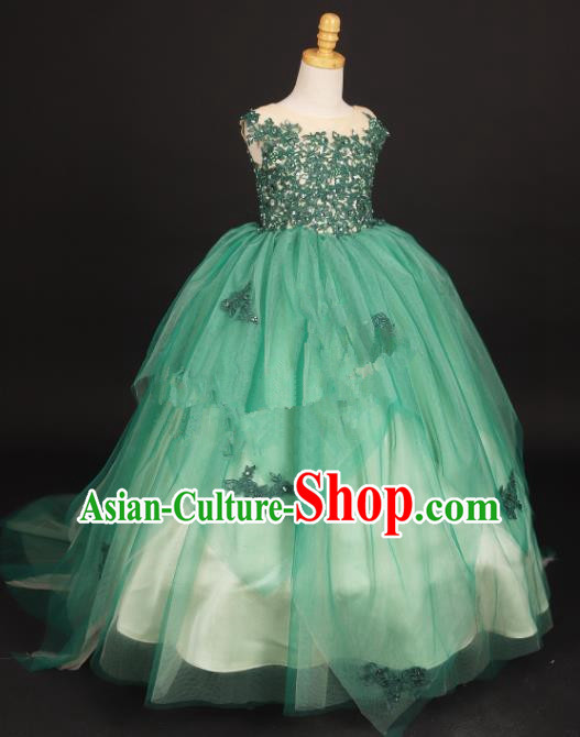 Professional Girls Compere Green Veil Trailing Full Dress Modern Fancywork Catwalks Stage Show Costume for Kids