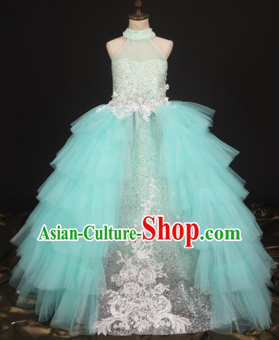 Professional Girls Compere Light Blue Veil Full Dress Modern Fancywork Catwalks Stage Show Costume for Kids