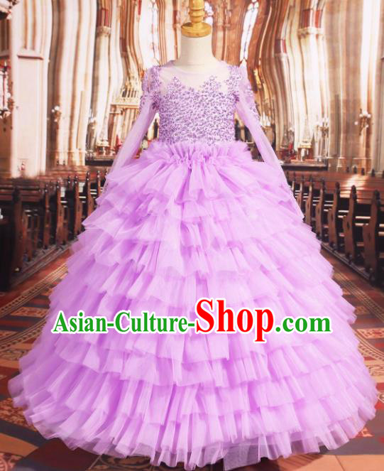 Professional Girls Compere Purple Veil Full Dress Modern Fancywork Catwalks Stage Show Costume for Kids