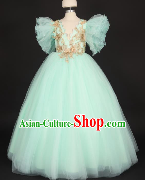 Professional Girls Compere Light Green Veil Full Dress Modern Fancywork Catwalks Stage Show Costume for Kids