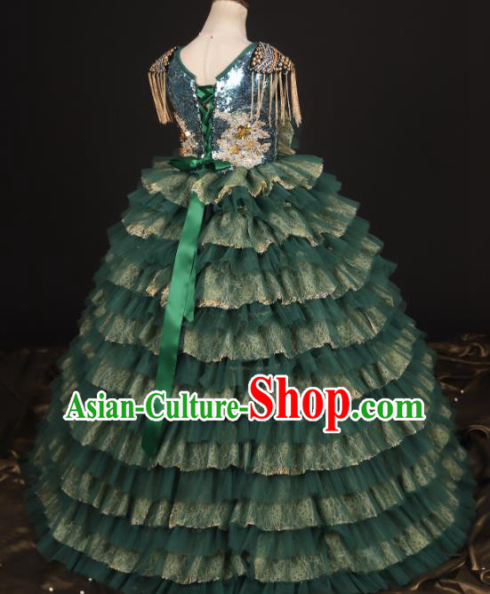 Professional Girls Compere Embroidered Green Veil Full Dress Modern Fancywork Catwalks Stage Show Costume for Kids