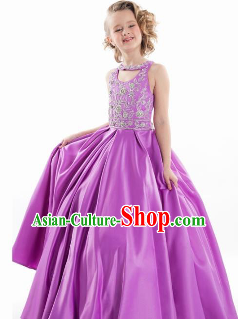 Professional Girls Compere Purple Full Dress Modern Fancywork Catwalks Stage Show Costume for Kids