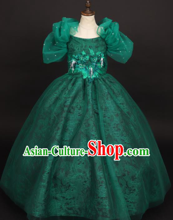 Professional Girls Compere Deep Green Veil Full Dress Modern Fancywork Catwalks Stage Show Costume for Kids