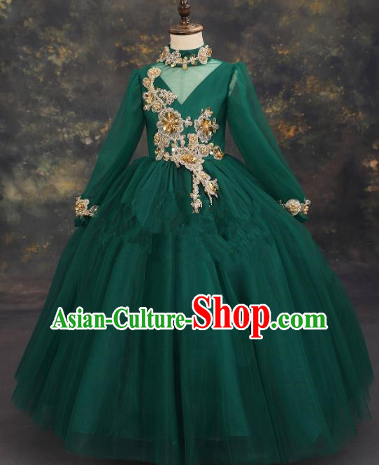 Professional Girls Compere Embroidered Deep Green Full Dress Modern Fancywork Catwalks Stage Show Costume for Kids