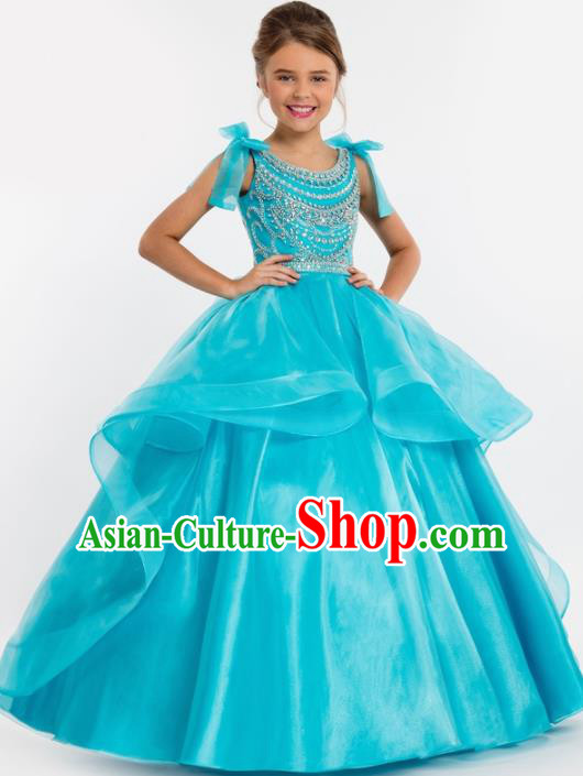 Professional Girls Compere Crystal Blue Full Dress Modern Fancywork Catwalks Stage Show Costume for Kids