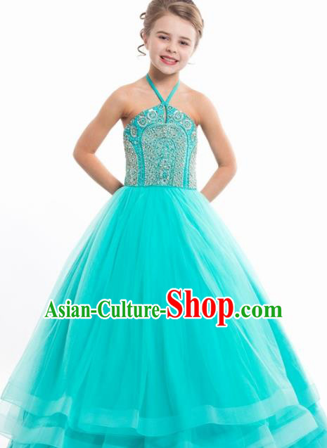 Professional Girls Compere Green Veil Full Dress Modern Fancywork Catwalks Stage Show Costume for Kids