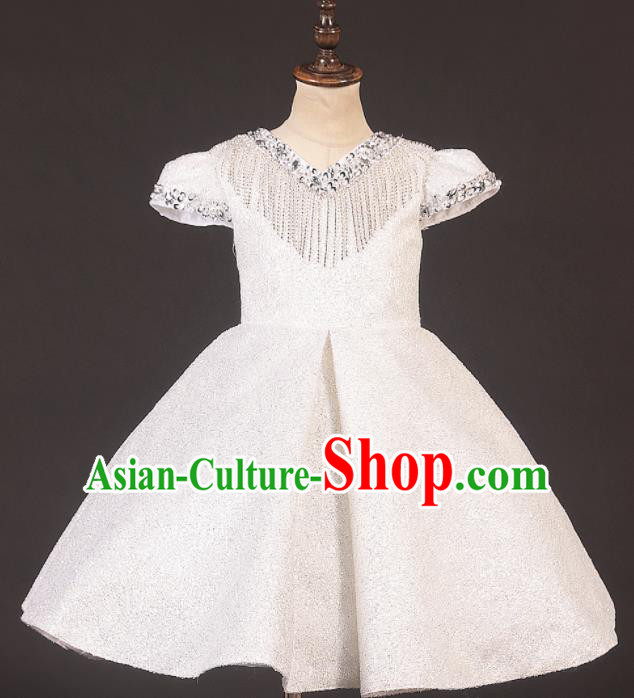 Professional Catwalks Stage Show Dance White Dress Modern Fancywork Compere Court Princess Costume for Kids