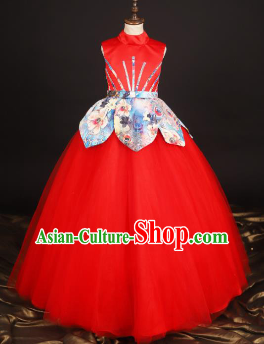 Professional Girls Compere Red Veil Long Full Dress Modern Fancywork Catwalks Stage Show Costume for Kids