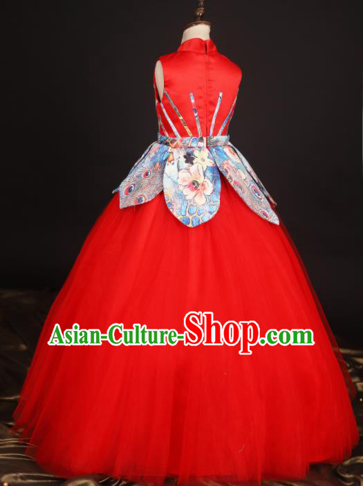 Professional Girls Compere Red Veil Long Full Dress Modern Fancywork Catwalks Stage Show Costume for Kids