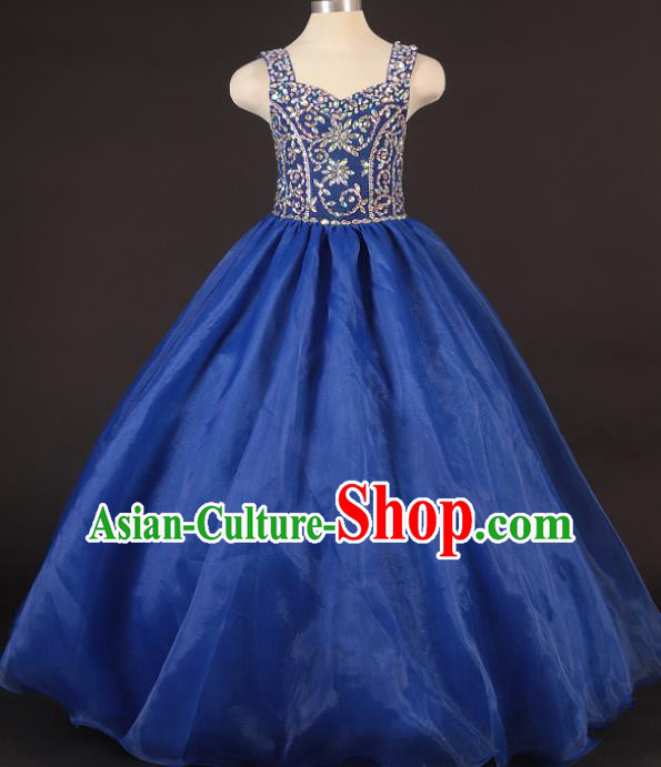 Professional Girls Compere Royalblue Veil Long Full Dress Modern Fancywork Catwalks Stage Show Costume for Kids