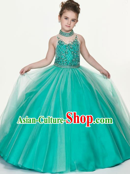 Professional Girls Compere Green Veil Long Full Dress Modern Fancywork Catwalks Stage Show Costume for Kids