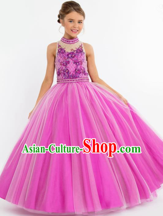 Professional Girls Compere Rosy Veil Long Full Dress Modern Fancywork Catwalks Stage Show Costume for Kids